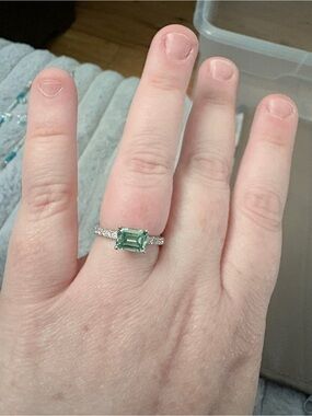 Amazon Emerald-Cut Green Gemstone Ring in Silver Tone